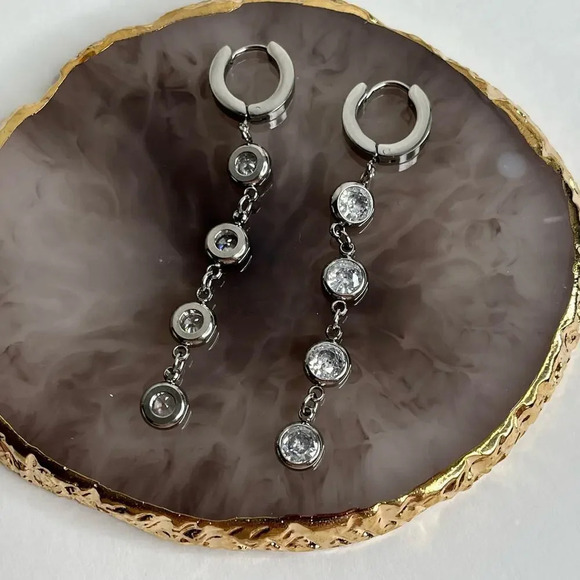 Stainless Steel Cubic Zircona Tassel Earrings - Picture 2 of 6